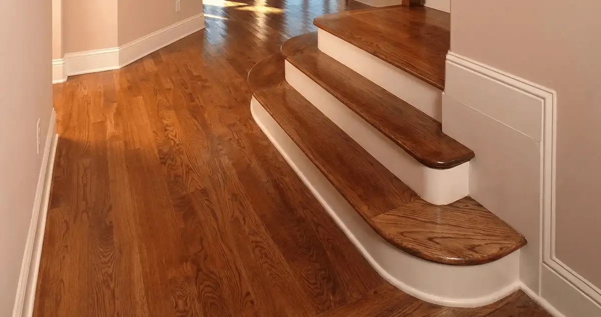 Base floor of a staircase with professionally restored wood flooring in Mobile AL
