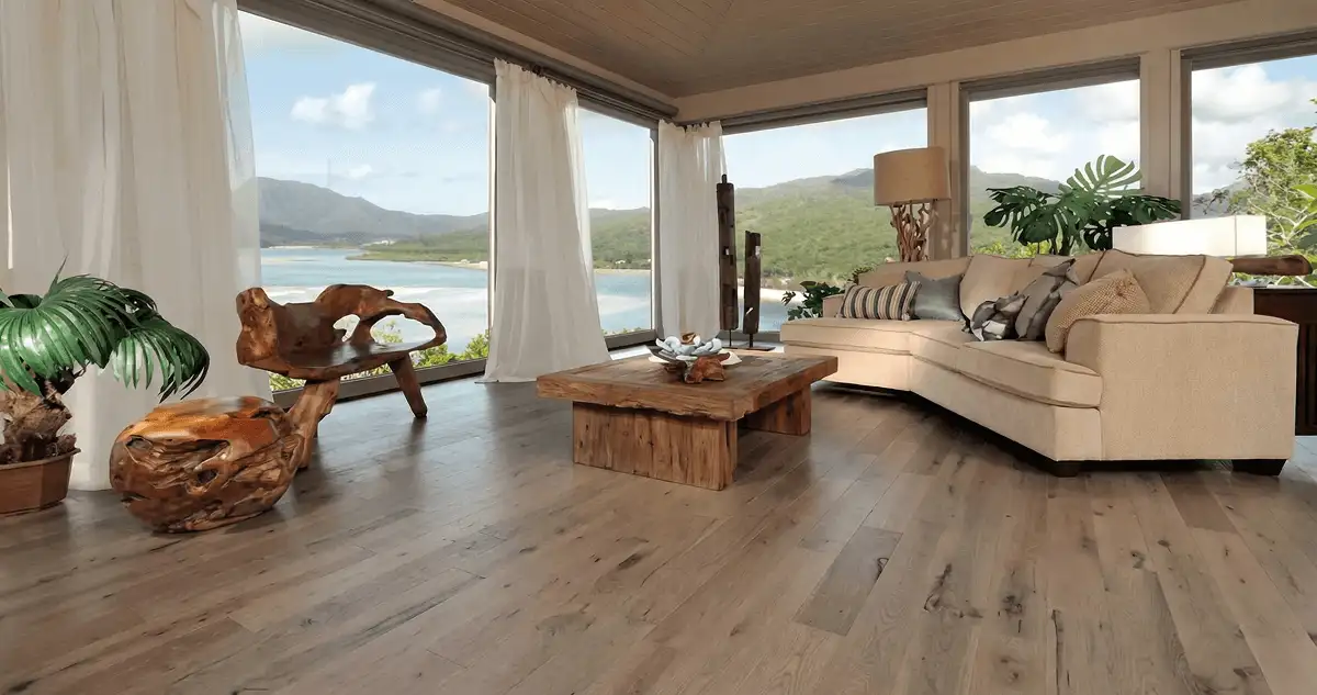 Professionally installed vinyl flooring in a modern living room with large windows in Mobile, AL